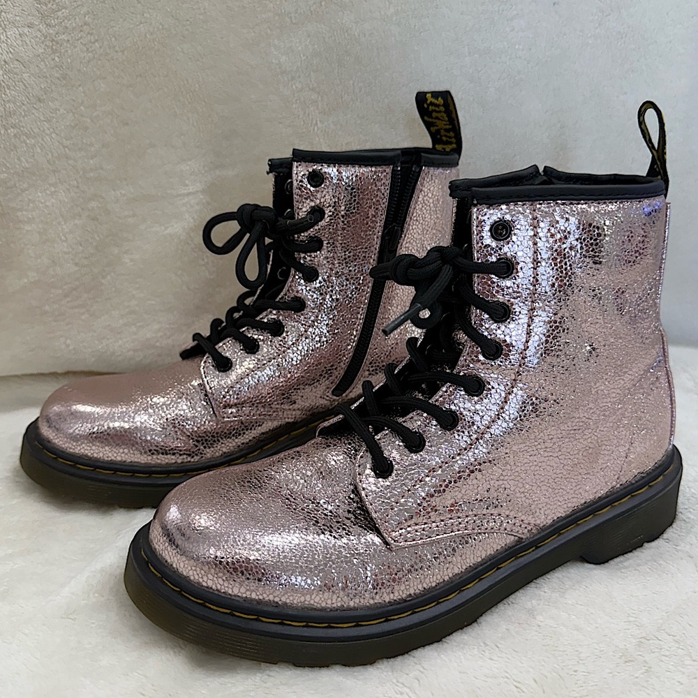 Dr Martens 1460 J girls crinkle metallic pink zip lace up combat boots